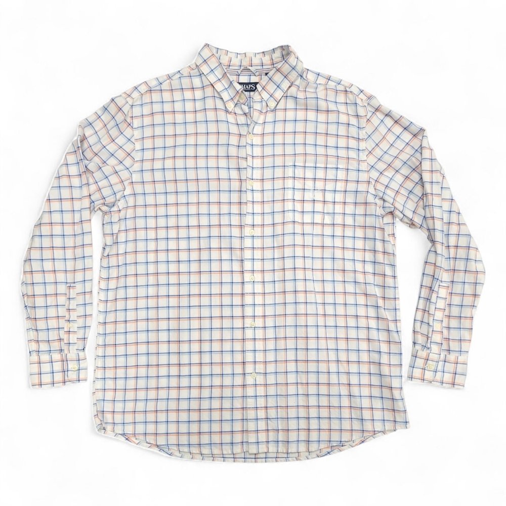 Chaps 100% Cotton Light Orange & Blue Check Pattern Button Down Dress Shirt, XXL
